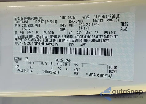 2017 Ford Escape Se z USA, uszkodzony, nr VIN 1FMCU9GD1HUA89219